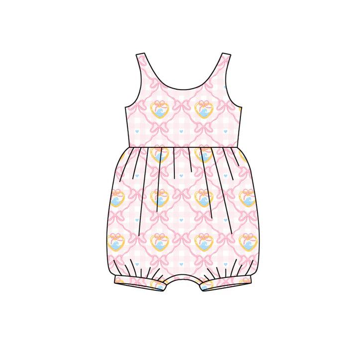 Preorder (moq 5)Baby Girls Sleeveless Pink Checked Bows Hearts Valentines Ruffle Rompers 12.13