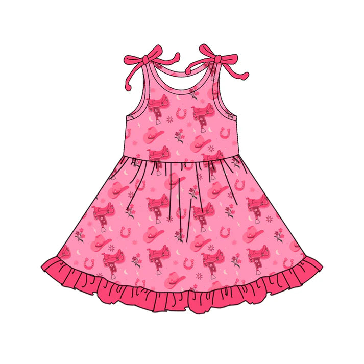 Preorder (moq 5)Baby Girls Bows Sleeveless Pink Hats Flowers Western Ruffle Knee Length Dresses 12.18