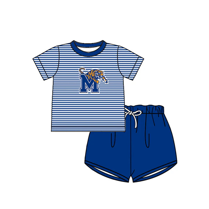 Preorder (moq 5)Baby Boys Blue Stripe M Tigers Top Shorts Team Clothes Sets 12.15