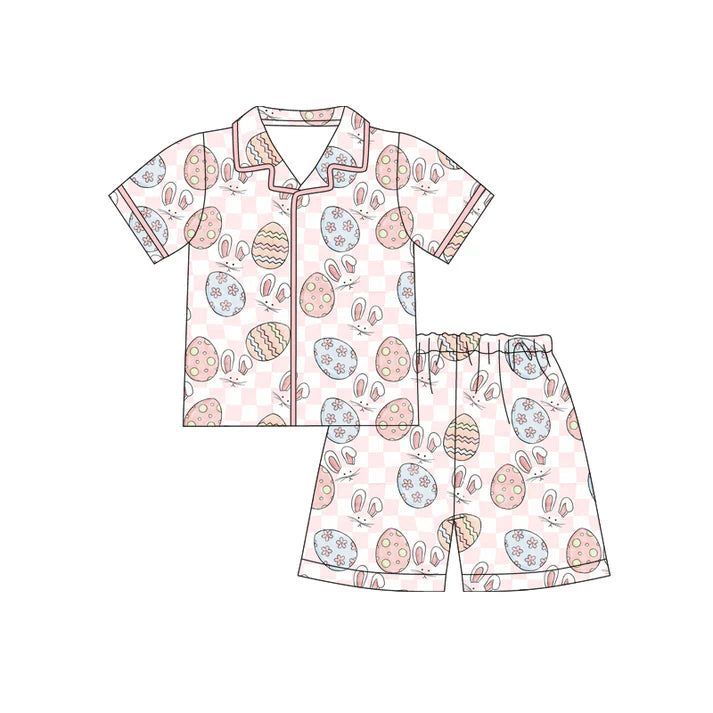 Preorder (moq 5)Baby Girls Pink Checked Rabbits Eggs Button Top Shorts Easter Pajamas Sets 12.13