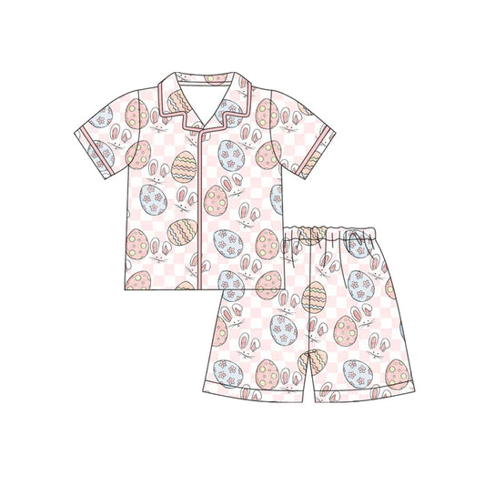 Preorder (moq 5)Baby Girls Pink Checked Rabbits Eggs Button Top Shorts Easter Pajamas Sets 12.13