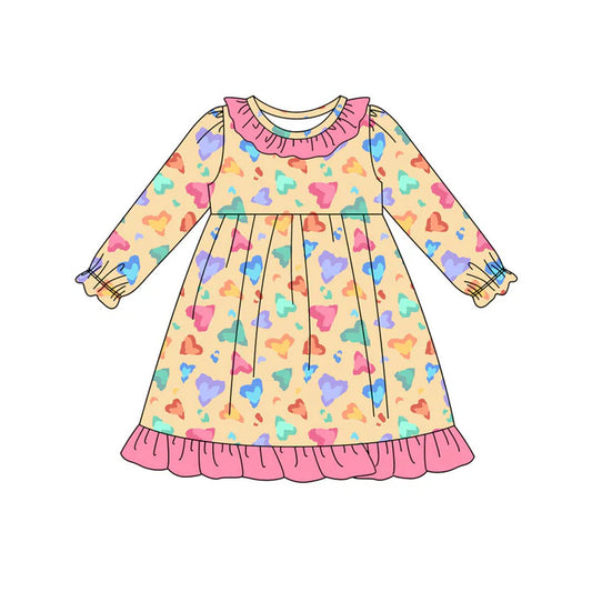 Preorder (moq 8)Baby Girls Colorful Hearts Ruffle Knee Length Dresses 9.11