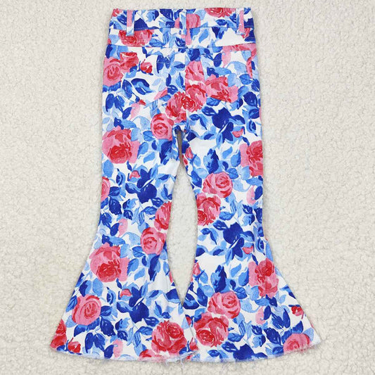 Baby Girls Jeans Pants Blue Leaves Pink Flowers Bell Flare Denim Pants P0466