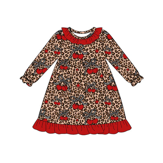 Preorder (moq 5)Baby Girls Red Cheer Bows Leopard Ruffle Knee Length Dresses 9.4