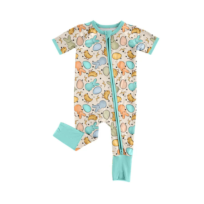 Preorder (moq 5)Baby Boys Colorful Rabbits Eggs Easter Two Way Zip Convertible Rompers 11.26