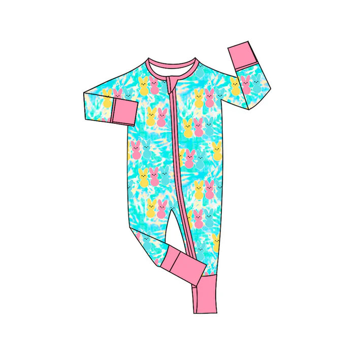 Preorder (moq 5)Baby Girls Colorful Rabbits Easter Two Way Zip Convertible Rompers 11.10