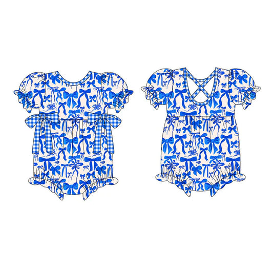 Preorder (moq 5)Baby Girls Hot Blue Bows Plaid Ruffle Pockets Rompers 10.30