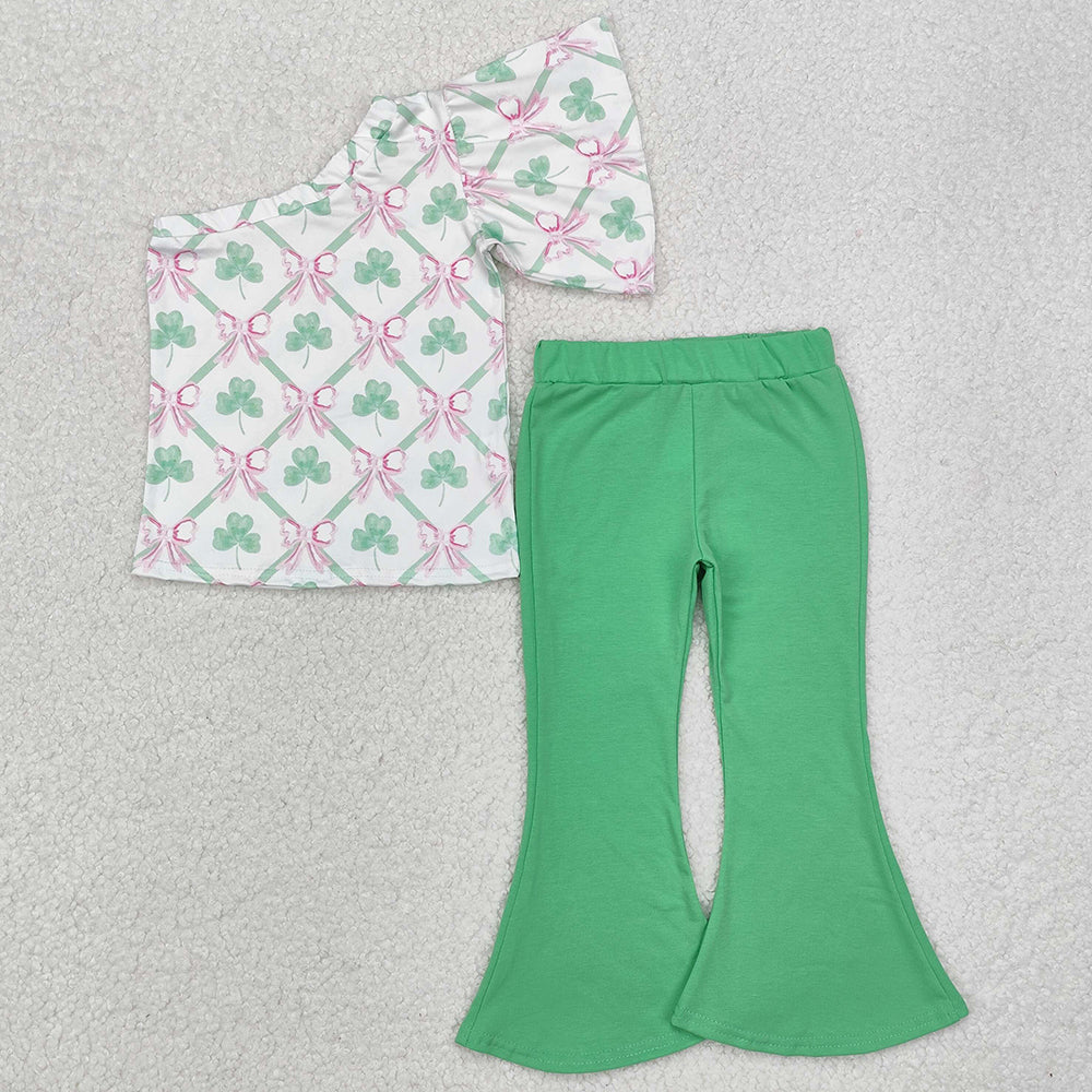 Baby Girls Clothes St Patrick Quatrefoil Bows One Shoulder Top Bell Pants Sets GSPO1793