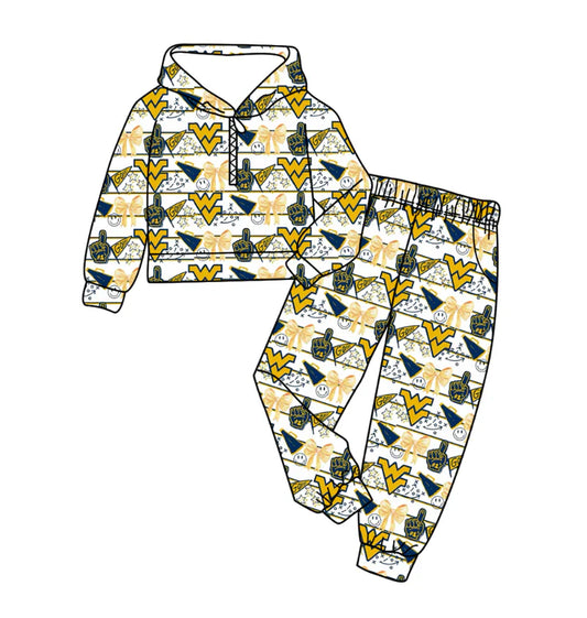 Preorder(moq 5) Baby Boys WV Bows Go Team Cheer Zipper Hoodies Pockets Pants Clothes Sets 11.10