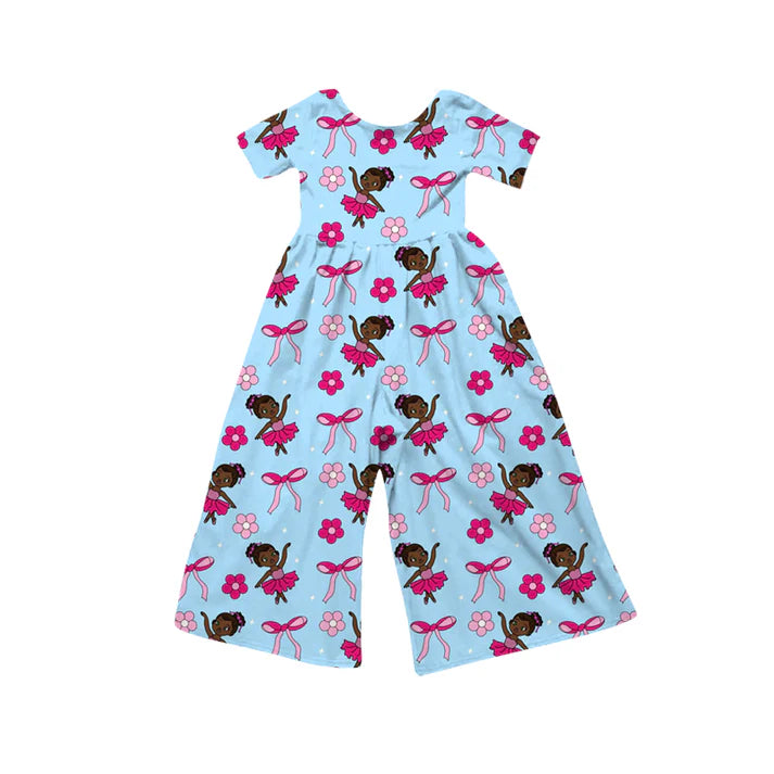 Preorder (moq 5)Baby Girls Short Sleeve Bows Flowers Princess Flare Pant Jumpsuits 12.15