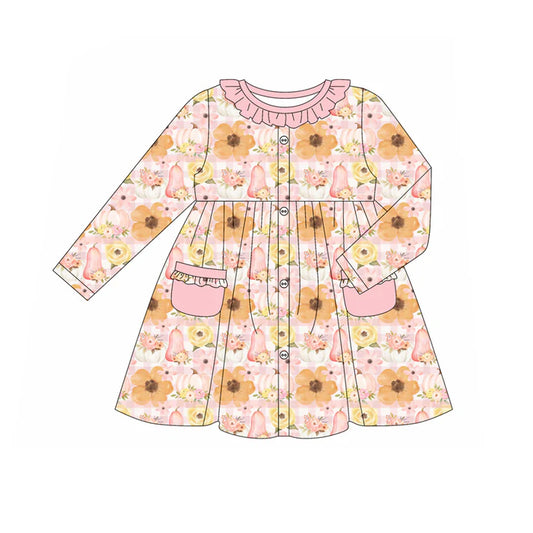 Preorder (moq 5)Baby Girls Long Ruffle Sleeves Flowers Pumpkins Pockets Button Knee Length Dresses 5.24