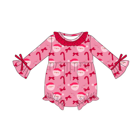 Preorder (moq 5)Baby Girls Hot Pink Long Sleeves Candy Cane Santa Ruffle Rompers 6.4