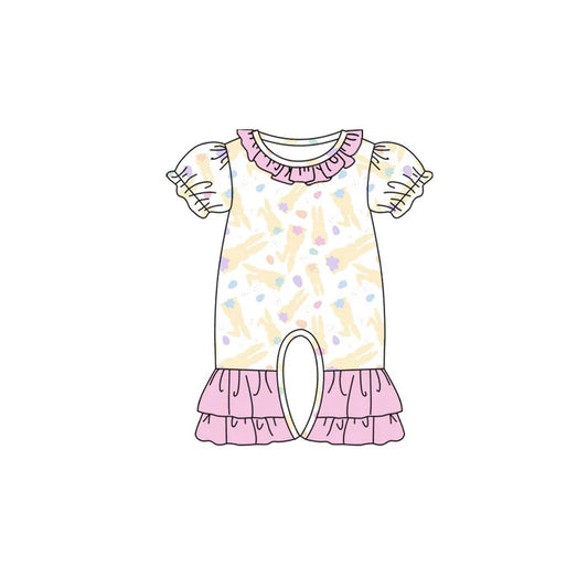 Preorder (moq 8)Baby Girls Yellow Rabbits Easter Ruffle Footie Rompers 9.15