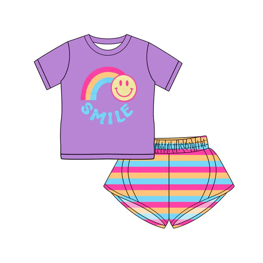 Preorder (moq 5)Baby Girls Purple Short Sleeves Smile Rainbow Top Stripe Yoga Short Set 4.25
