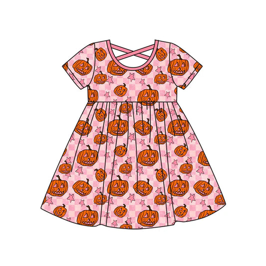 Preorder (moq 5)Baby Girls Pink Plaid Short Ruffle Sleeves Stars Pumpkins Knee Length Dresses 5.20
