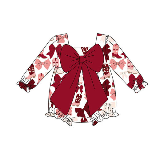 Preorder (moq 8)Baby Girls Pink Red Bows Heart Boots Ruffle Rompers 9.18