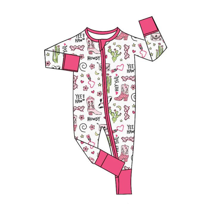 Preorder (moq 5)Baby Girls Howdy Boots Hearts Western Zipper Footie Rompers 10.27