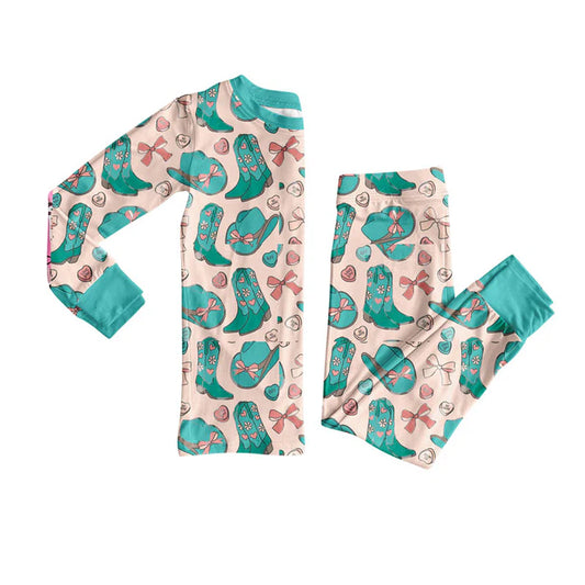Preorder(moq 8)Baby Girls Boots Hats Hearts Plaid Top Pants Western Pajamas Set 10.1