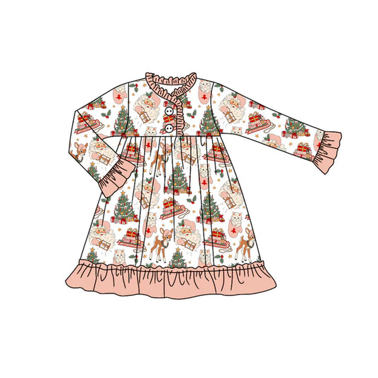 Preorder (moq 5)Baby Girls Long Ruffle Sleeves Santa Deer Trees Button Knee Length Dresses 7.1