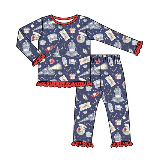 Preorder (moq 5)Baby Girls Gifts Candy Cane Christmas Top Ruffle Pants Christmas Pajamas Set 9.4
