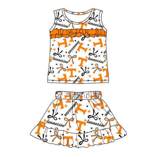 Preorder (moq 5)Baby Girls Sleeveless Orange T Bows Stars Top Ruffle Skorts Team Set 6.16