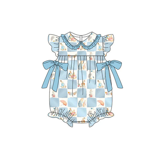 Preorder (moq 5)Baby Girls Flutter Sleeve Blue Checked Rabbits Bows Easter Ruffle Collar Rompers 11.19
