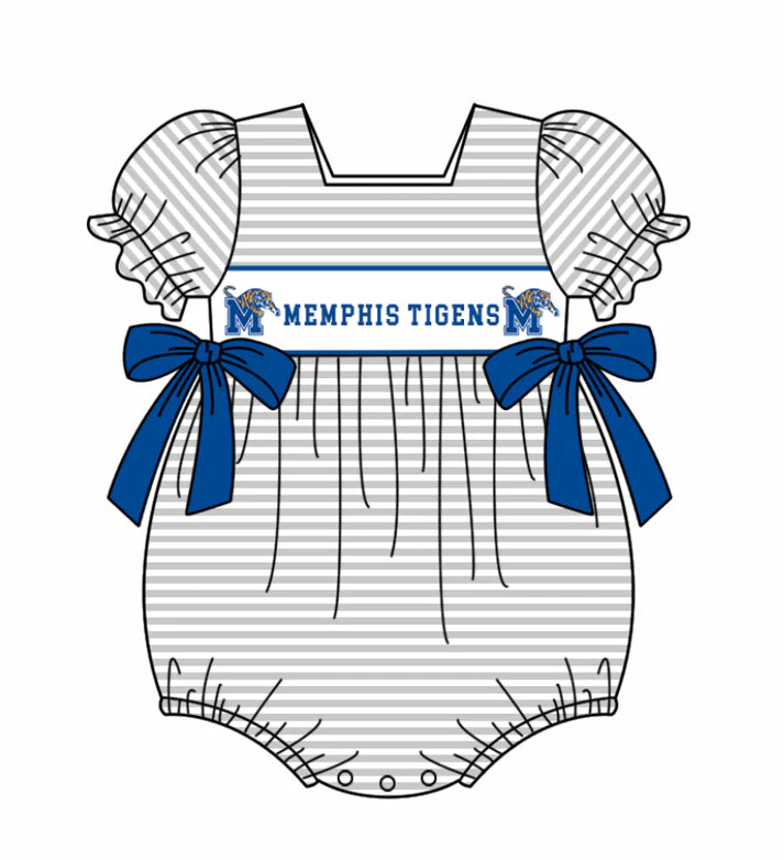 Preorder (moq 5)Baby Girls Memphis Tigers Bows Stripe Ream Ruffle Rompers 12.6