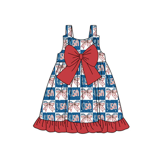 Preorder moq 5 Baby Girls Strap Blue Red Bows USA 4th Of July Knee Length Dresses 4.22