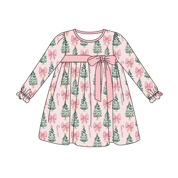 Preorder (moq 5)Baby Girls Pink Long Ruffle Sleeves Trees Bows Plaid Knee Length Dresses 5.29