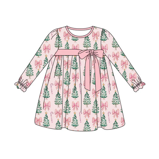 Preorder (moq 5)Baby Girls Pink Long Ruffle Sleeves Trees Bows Plaid Knee Length Dresses 5.29