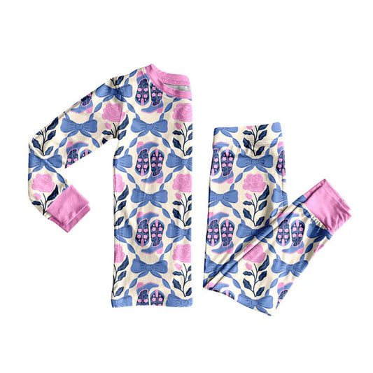 Preorder (moq 8)Baby Girls Pink Blue Bows Flowers Boots Top Pants Pajamas Sets 9.22