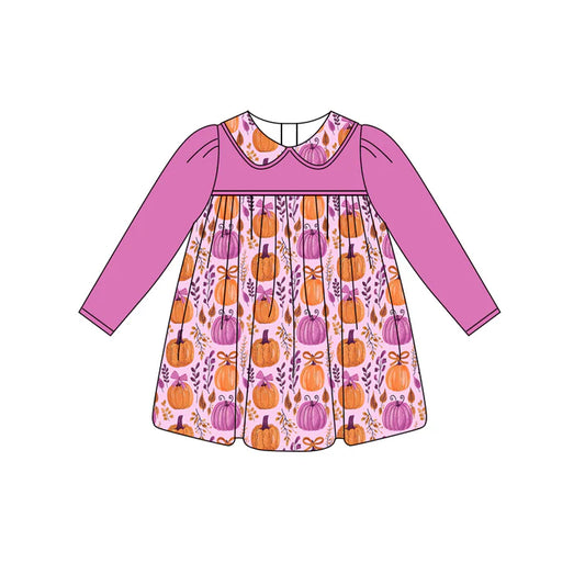Preorder (moq 5)Baby Girls Hot Pink Long Sleeves Floral Pumpkins Knee Length Dresses 5.27