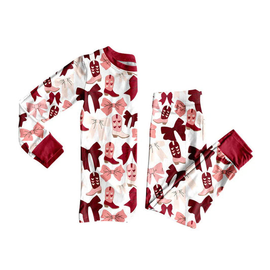 Preorder (moq 5)Baby Girls Red Pink Bows Boots Top Pants Valentine Pajamas Sets 9.3
