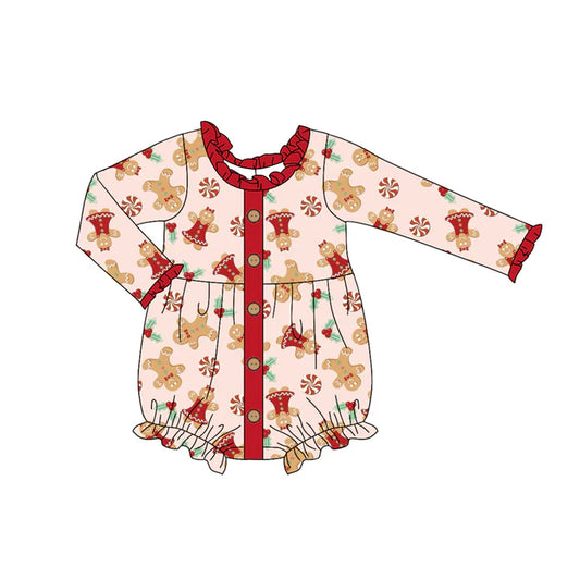 Preorder (moq 5)Baby Girls Red Long Sleeves Gingerbread Button Ruffle Rompers 6.5