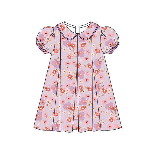 Preorder (moq 5)Baby Girls Lavender Short Ruffle Sleeves Heart Flowers Knee Length Dress 4.26
