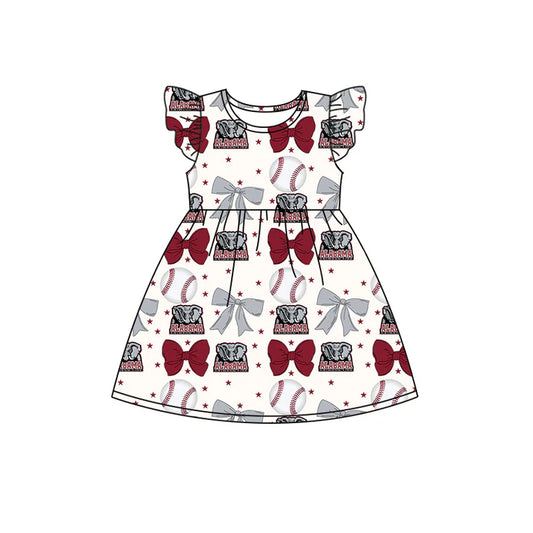 Preorder (moq 5)Baby Girls Flutter Sleeves Baseballs Bows Alabama Team Knee Length Dresses 6.16