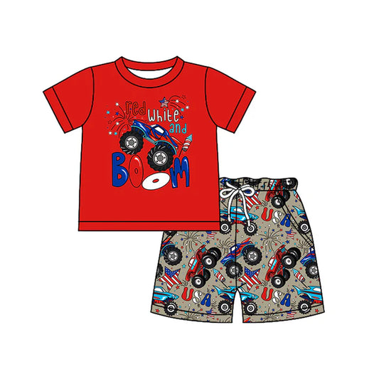 Preorder moq 5 Baby Boys Red Short Sleeves Stars Firework Top Pockets Shorts 4th Of July Set 4.14