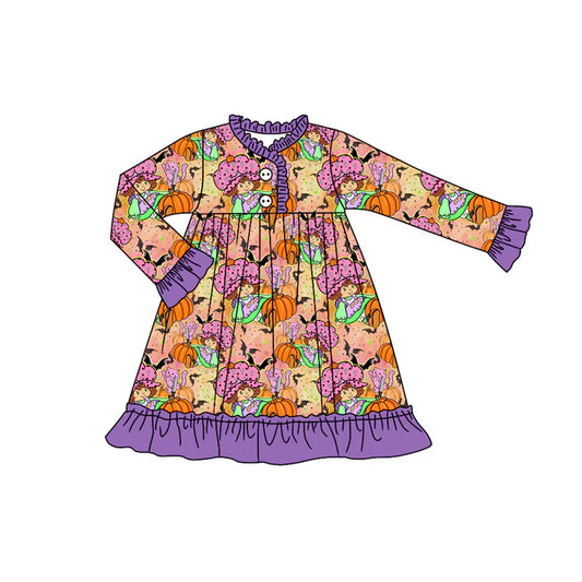 Preorder (moq 5)Baby Girls Strawberry Girl Pumpkins Purple Button Halloween Knee Length Dress 8.1