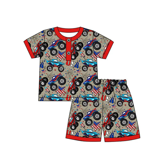 Preorder moq 5 Baby Boys Short Sleeves Stars Firework Button Top Shorts 4th Of July Pajamas Set 4.14