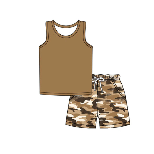 Preorder moq 5 Baby Boys Sleeveless Vest Top Brown Khaki Camo Pockets Short Set 4.17