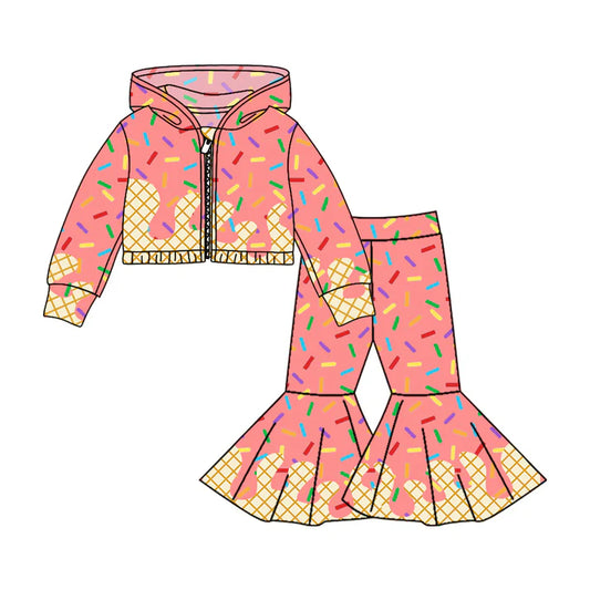 Preorder (moq 5)Baby Girls Peach Long Sleeves Drip Zipper Jacket Top Bell Bottom Pant Team Clothes Sets 8.5