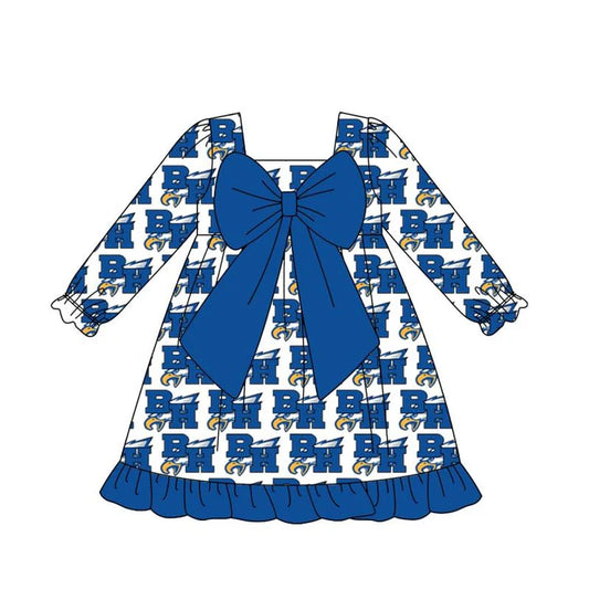Preorder (moq 8)Baby Girls BH Eagle Blue Bow Knee Length Dresses 9.6