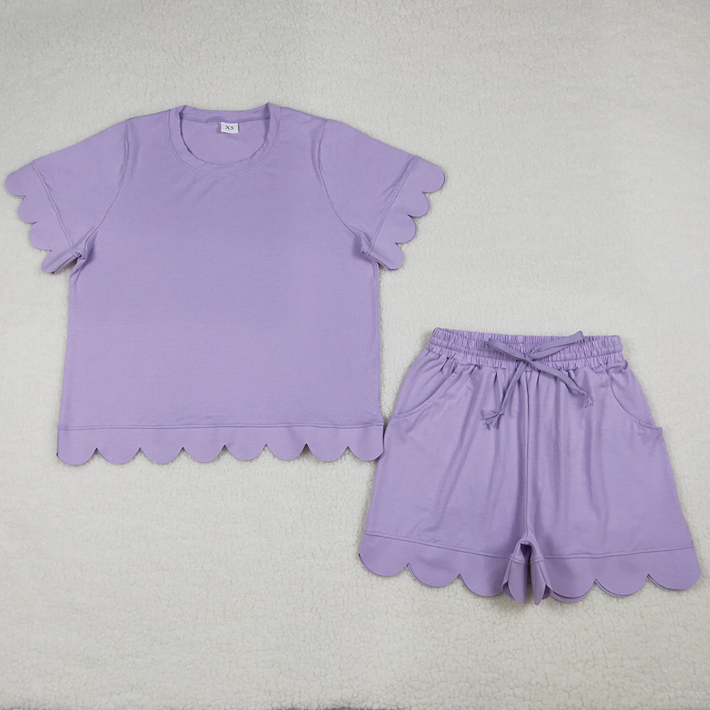 Adult Women Clothes Lavender Short Sleeve Shirt Pockets Short Scallop Clothes Set GSSO3199