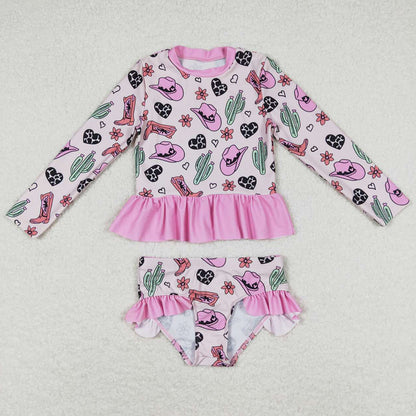 Baby Girls Swimsuits Pink Western Long Sleeve Top Bummie Swimsuits S0262