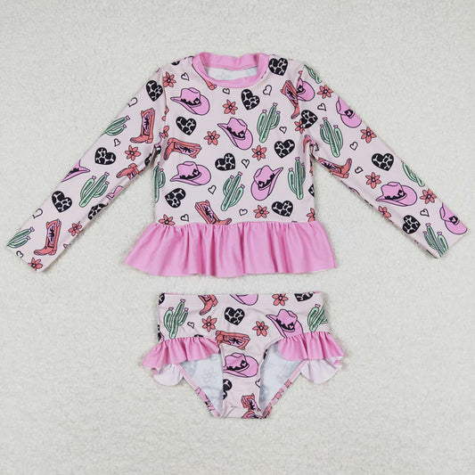 Baby Girls Swimsuits Pink Western Long Sleeve Top Bummie Swimsuits S0262