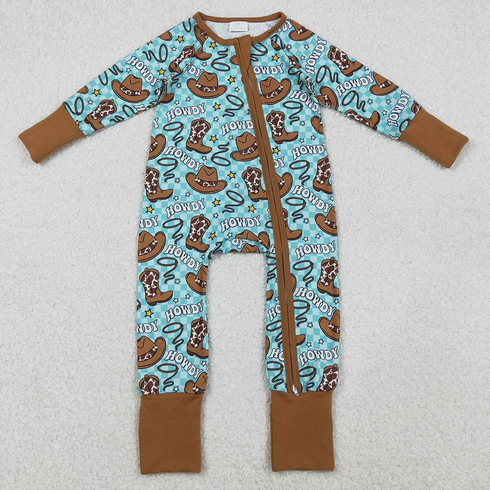 Baby Boys Rompers Howdy Hats Boots Western Checked Zipper Footie Rompers LR2517 11.1