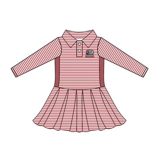 Preorder (moq 5)Baby Girls Long Sleeve Stripe Button Alabama Team Knee Length Dresses 7.22
