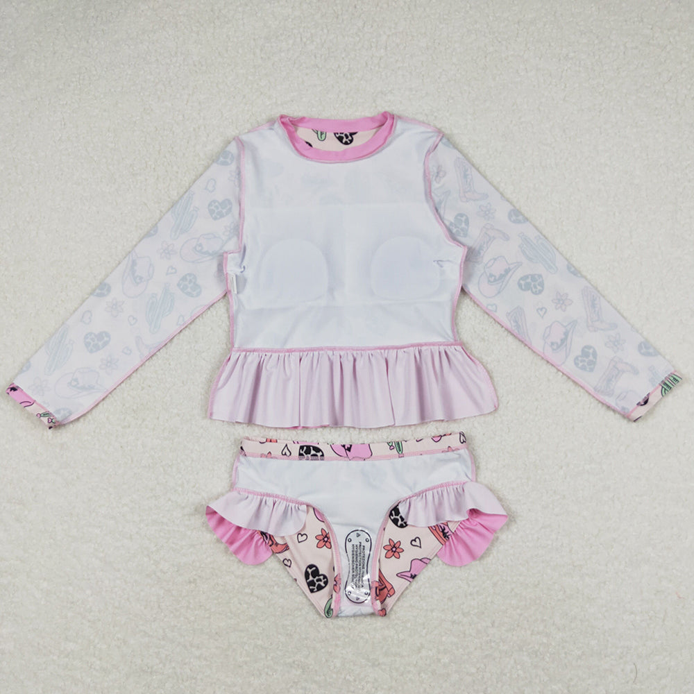 Baby Girls Swimsuits Pink Western Long Sleeve Top Bummie Swimsuits S0262