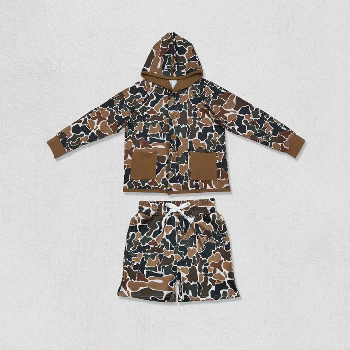 Baby Boys Long Sleeve Southern Dark Brown Camo Pockets Button Hoodies Shorts Clothes Sets