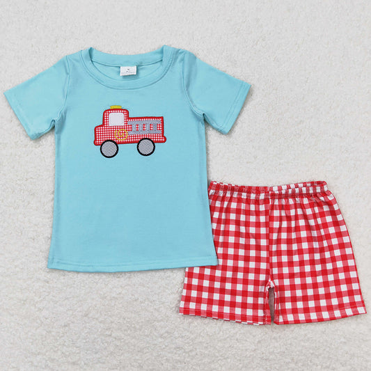 Baby Boys Clothes Fire Truck Shirt Top Checkered Shorts Sets BSSO0549